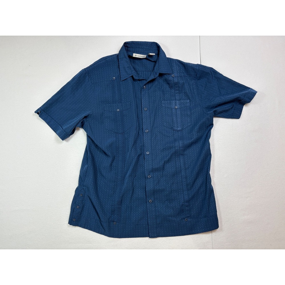 Cubavera Mens Navy Blue Guayabera Short Sleeve Button Up Shirt Large Dobby Dot